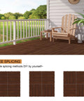 Outdoor patio with Interlocking Wood Deck Tiles 12x12 Inch Walnut, 27 Pack Waterproof Patio Floor Tiles, easy snap lock design visible.