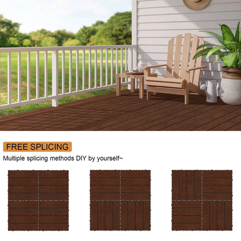Outdoor patio with Interlocking Wood Deck Tiles 12x12 Inch Walnut, 27 Pack Waterproof Patio Floor Tiles, easy snap lock design visible.