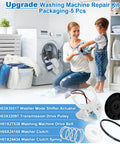 Real Deal GE Washing Machine Repair Kit Featuring Transmission Pulley Push Nut Shift Actuator Drive Belt Clutch And Coil Spring displayed with components and packaging.