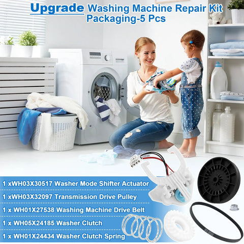 Real Deal GE Washing Machine Repair Kit Featuring Transmission Pulley Push Nut Shift Actuator Drive Belt Clutch And Coil Spring displayed with components and packaging.