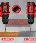 Heavy Duty Workhorse Cordless Drill And Impact Driver Duo With 20V Brushless Motor showcases dual-speed settings on a power tool.