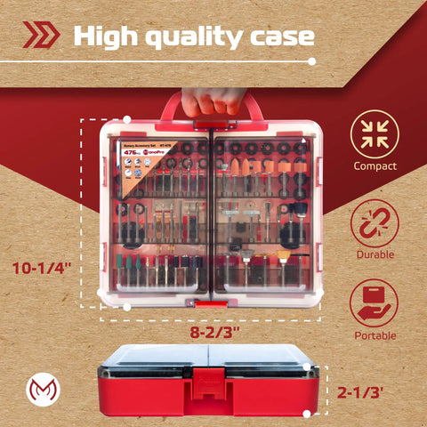476 Piece Rotary Tool Accessories Kit With 1/8 Inch Shank All In One Set For Polishing Sanding Cutting Drilling Engraving Grinding And Sharpening In A Portable Storage Case Pro Grade, red case front view