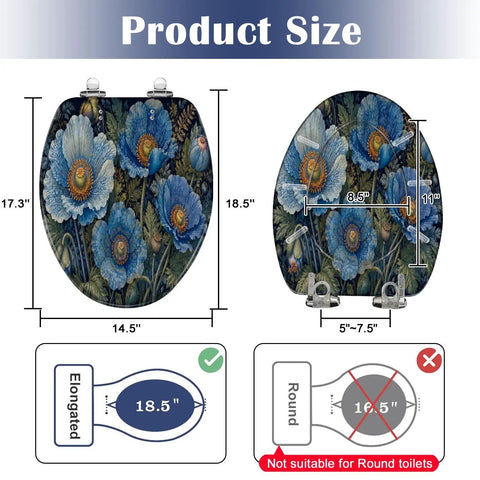 Elongated Vintage Botanical Blue Detailed Foliage Toilet Seat size chart showing dimensions and compatibility.