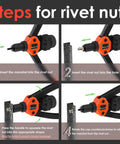 Instructional guide showing steps to use Dual Function Rivet Nut Tool Kit With 405 Rivet Nuts Blind Rivets 15 Mandrels And 5 Nozzles.