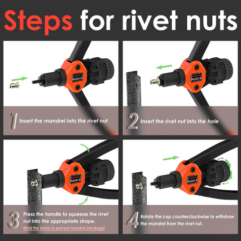 Instructional guide showing steps to use Dual Function Rivet Nut Tool Kit With 405 Rivet Nuts Blind Rivets 15 Mandrels And 5 Nozzles.