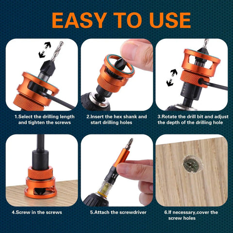 Sweet Shop Essential Countersink Drill Bit Set With Magnetic Bit Holder Adjustable Depth Controls Fast Pilot Hole Drilling And Snags Screws Flush Clean On All Cabinet Projects And Fine Woodwork Builds demonstrating usage steps for easy installation.