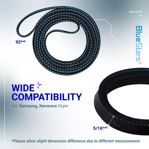 Upgraded Dryer Belt Kit With Dual Ball Bearings Idler Pulley And Sturdy Clip 92 Inch Drum Belt 0.3 Inch Width Replacement 6602-001655 For Samsung And Kenmore Dryers DV45H7000EW DV48H7400EW DV42H5000EW image of a coiled black belt with blue stitching and size labels 92 inches and 5/16 inch.