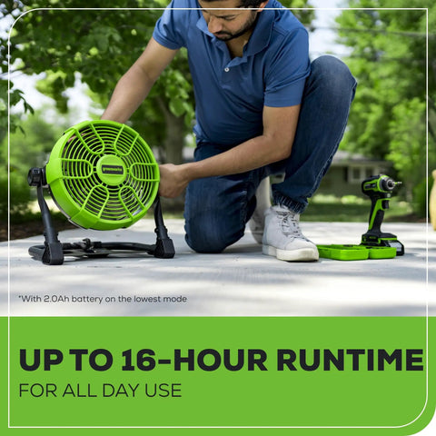 Man adjusting 40V 10 Inch Hybrid Fan With 5 Speed Settings And 360 Degree Rotating Head Delivering Up To 785 CFM Airflow Cordless And AC DC Power Charger Included Battery Not Included Perfect For Garage Workshop And Home Use outdoors