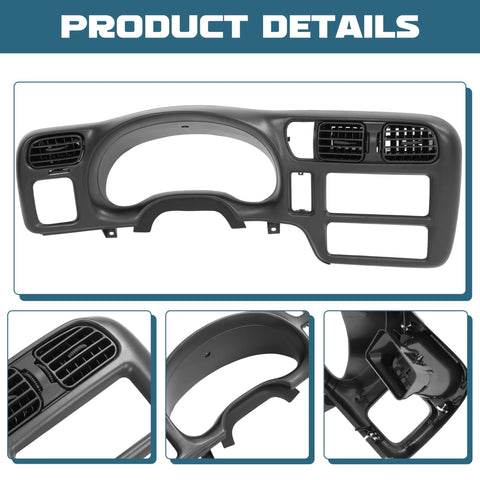 Dash radio bezel trim, front view, for 1998-2004 Chevy S10/Blazer and GMC Jimmy, single-DIN, gray plastic.