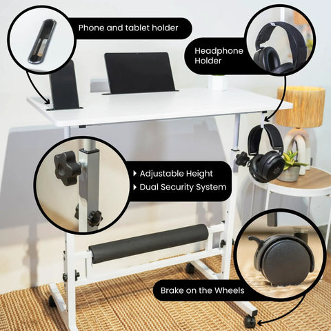 Adjustable Height Rolling Desk With Wheels Portable Compact Laptop Table Mobile Workstation For Study Office Small Space