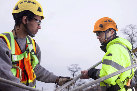 Workers wearing CH400V Climbing Style Hard Hat with Venting and Molded Cup Chin Strap, ANSI Z89.1 and OSHA Compliant Construction Helmet.