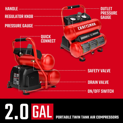 Craftsman 2 Gallon Twin Tank Air Compressor 1/3 Hp Oil Free 125 Psi Portable Unit For Tires Spray Painting Nailing Garage Workshop Diy Projects Smooth Ride And Reliable Power