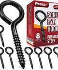 Heavy Duty Black Screw Eyes Set Of 8 3.2 Inch Self Tapping Eye Hooks For Wood And Cable Management, shown with packaging