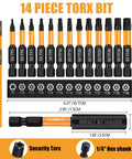 Heavy Duty 2 Inch Security Torx Bits Set, 14 Pieces S2 Steel Screwdriver Kit. Tools include sizes T5 to T40 with magnetic holder.