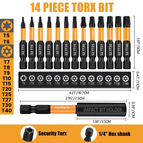 Heavy Duty 2 Inch Security Torx Bits Set, 14 Pieces S2 Steel Screwdriver Kit. Tools include sizes T5 to T40 with magnetic holder.