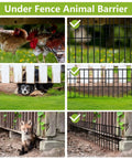 Collage showing correct use of Critter Proof No Dig Fence Barrier For Garden, 30 Panels, 42.5 Feet Long By 13 Inches High, Rustproof Metal Border For Outdoor Use, Bottom Fence Deterrent For Rabbits And Small Animals, Not Suitable For Large Dogs, beneath various fence types.