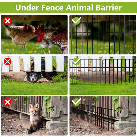 Collage showing correct use of Critter Proof No Dig Fence Barrier For Garden, 30 Panels, 42.5 Feet Long By 13 Inches High, Rustproof Metal Border For Outdoor Use, Bottom Fence Deterrent For Rabbits And Small Animals, Not Suitable For Large Dogs, beneath various fence types.