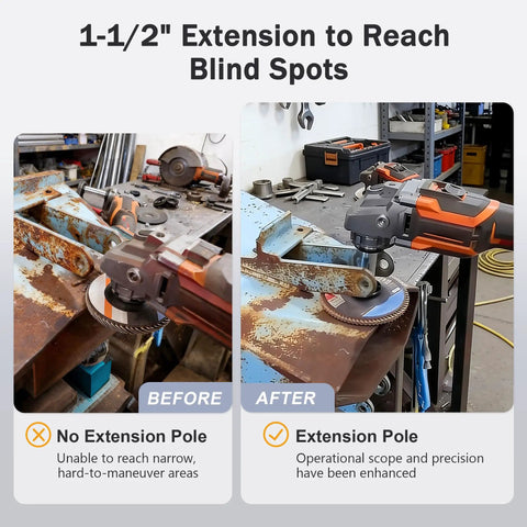 Universal 5/8 Inch One Eleven Thread Adapter Extension Shaft For Airway Buffing Wheel Polisher Angle Grinder showing before and after use.