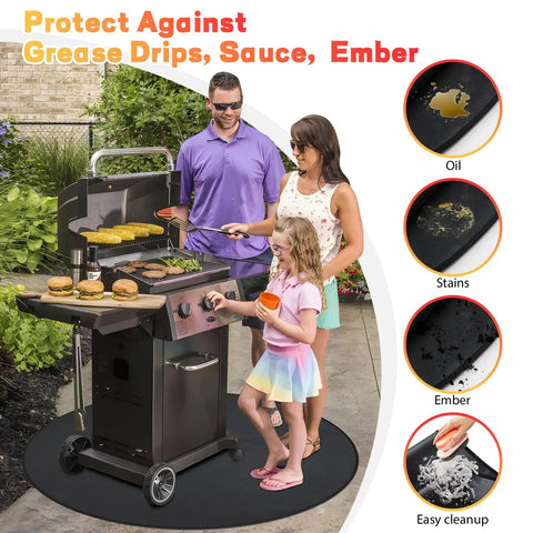 Family grilling on patio with 47 Inch Round Fire Pit Mat For Outdoor Grills And Camping, Fireproof And Oilproof Under Grill Pad.