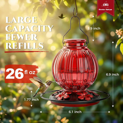 Glass Hummingbird Feeder 26 Oz With Perch And Five Flower Feeding Ports Leak Proof Outdoor Garden Hanging Nectar Bottle