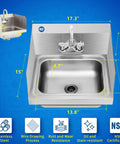 Stainless Steel Wall Mount Hand Sink With Side Splash Guard Strainer And Faucet 17x15 Inch Commercial NSF Kitchen Sink Built Tough For Home Bars Cafes Restaurants And Stores shown with dimensions and features.