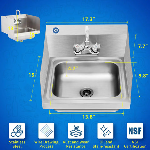 Stainless Steel Wall Mount Hand Sink With Side Splash Guard Strainer And Faucet 17x15 Inch Commercial NSF Kitchen Sink Built Tough For Home Bars Cafes Restaurants And Stores shown with dimensions and features.