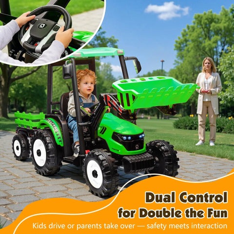 Killer 24V Kids Tractor Ride On With Easy Grip Remote Control And Detachable Trailer Heavy Duty Metal Frame Construction Toy Packed With Dual Motors Front Loader Scoop And Comfort Cushion Seats For Big Kids