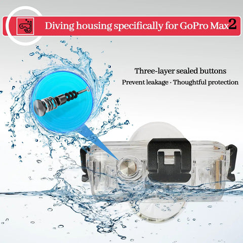 Waterproof Underwater Housing Case For MAX 2 Action Camera with anti-fog lens and shockproof build, showing three-layer sealed buttons