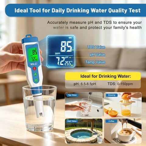 Top Tier Slick Digital Water Tester Meter With Huge Lcd Screen For Hydrogen Ph Orp Tds Ec Plus Salt Testing Dead Simple Results in use measuring water quality
