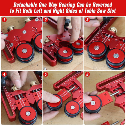 2 In 1 Thin Rip Jig Guide Feather Boards For Table Saws Router Tables And Band Saws With Anti Kickback Bearing, red design in use