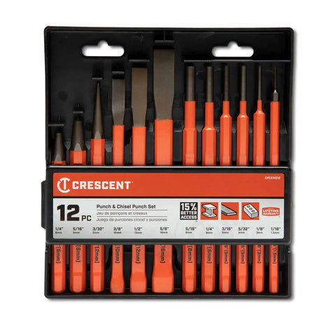 Extended Length Punch and Chisel Set for Metalworking and Carpentry, Pro Grade 12 Piece With Striking Cap, color-coded for quick ID