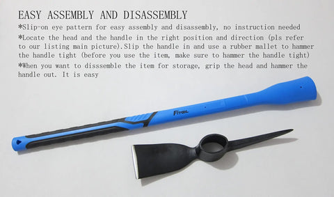 35 Inch Forged Heavy Duty Adze Pick Mighty Pickaxe Mattock Tool With Beveled Edge And Fiberglass Handle shown disassembled
