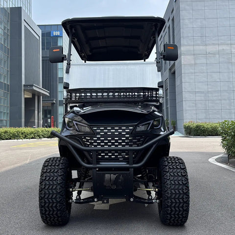 Black 4 Seater Electric Golf Cart With Durable Roof And Clear Windshield Including Front Basket And Rear Cargo Box Engineered For Street Legal Neighborhood Kick Back Cruising front view showing rugged design and large tires.