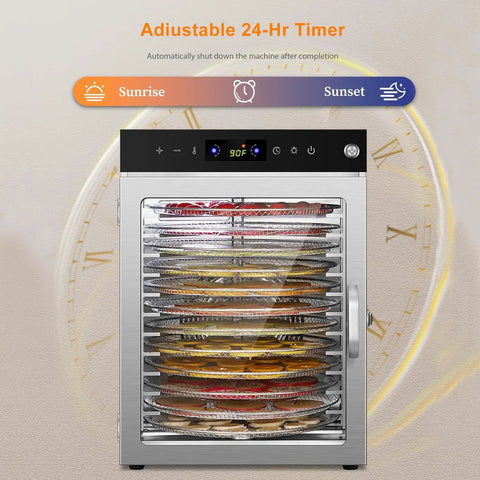 Smooth Operator Rotary Food Dehydrator With 24 Hour Timer And 360 Degree Auto Turn Stainless Steel Trays showing dehydrating fruits.