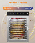 Heavy Duty Twenty Chamber Electric Food Dehydrator Featuring Smooth 360 Degree Hot Air Circulation And Twenty Four Hour Programmable Timer with adjustable timer settings.
