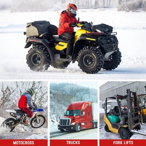 Super Heavy Tungsten Carbide Tire Studs For Winter Ice Control Grip Like Crazy On Frozen Roads For Trucks Atvs And Bikes Easy Screw In Install Tool Included Built Tough For Any Terrain on an ATV in the snow.