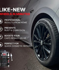 Gloss Black Rim Repair Kit For Cars DIY Wheel Touch Up Paint for alloy and steel rims with fast dry pen shown beside a black car rim.