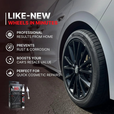 Gloss Black Rim Repair Kit For Cars DIY Wheel Touch Up Paint for alloy and steel rims with fast dry pen shown beside a black car rim.