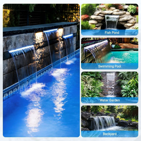 All In One Pond Waterfall Kit With LED Light And 12 Inch Stainless Spillway 880 GPH 45W Pump in various garden settings