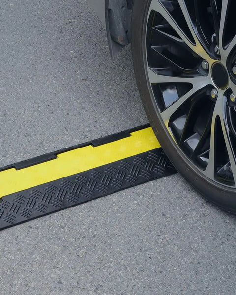 Car tire on Three Pack 2 Channel Cable Protector Ramps BeefedUp Built Tough For 11000 Lbs Per Axle, Heavy Duty Wire And Hose Protector Guard