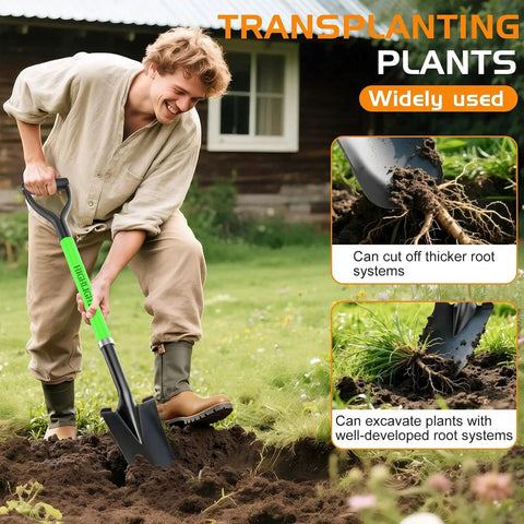 Person using Spade Shovel For Transplanting And Digging In Tight Spaces 45 Inch Steel D Grip Spade With Fiberglass Handle