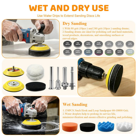 3 Inch Wet Dry Sanding Discs Polishing Kit, 154 Pcs Hook And Loop Pads, drill with sanding disc and polishing pads