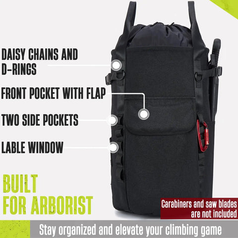 Heavy Duty Arborist Rope Bag 35L Bucket Backpack For Tree Climbing And Rock Gear with front pocket and side pockets visible