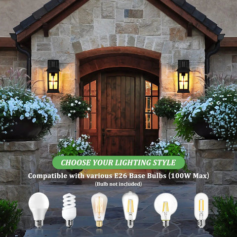 Front view of stone house entrance with 13 Inch Outdoor Wall Lights Two Pack Heavy Duty Matte Black Aluminum Exterior Sconce Fixtures