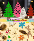 Front view of colored plywood Christmas tree shapes and wooden holiday decorations, 18 x 12 in, 1/8 in thick.