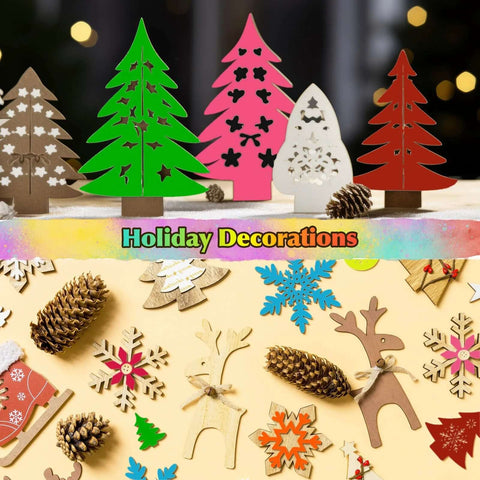 Front view of colored plywood Christmas tree shapes and wooden holiday decorations, 18 x 12 in, 1/8 in thick.