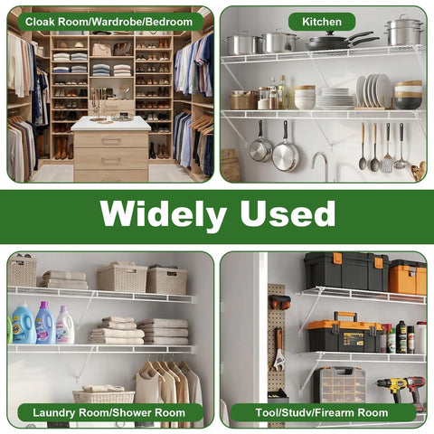 8 Pack 12 Inch Wire Shelf Brackets White Heavy Duty Shelf Support For RVs Garages Closets And Wardrobes in use.