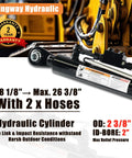 Kingway Hydraulic top-link cylinder, side view, with two hoses, Cat. 1-1, 18 1/8 in to 26 3/8 in.
