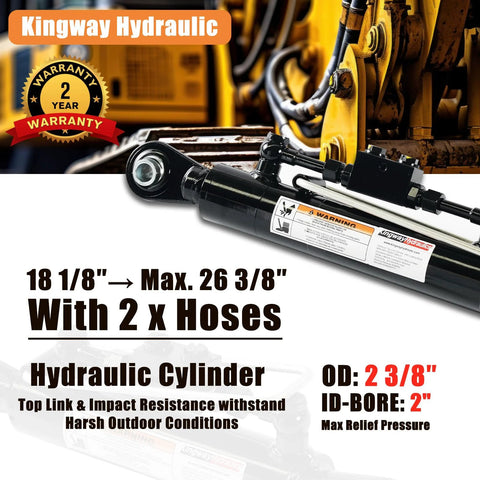 Kingway Hydraulic top-link cylinder, side view, with two hoses, Cat. 1-1, 18 1/8 in to 26 3/8 in.