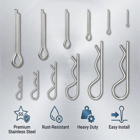 304 Stainless Steel Cotter Pins and R Clips All In One Assortment Kit With 12 Sizes, Rust Resistant, Burr Free Finish